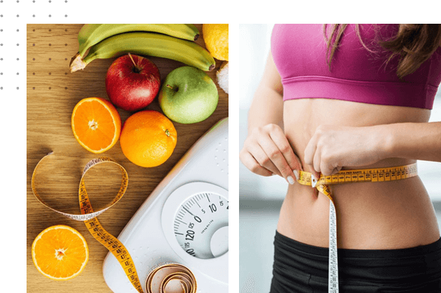 A woman is measuring her waist with tape and fruit.